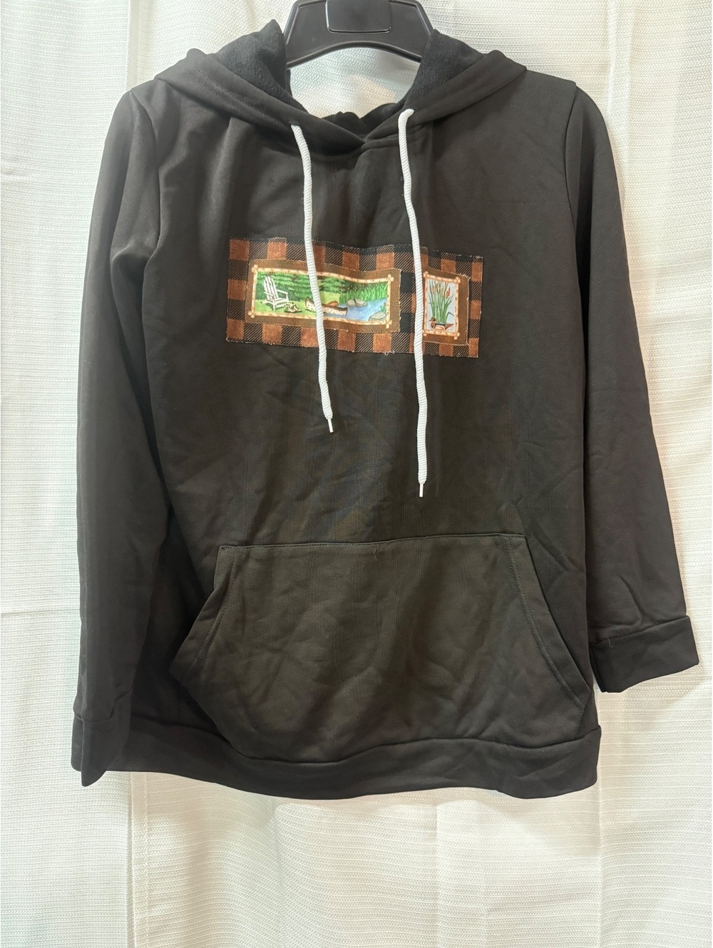 Black Hoodie with Front Patch Detail and White Drawstrings, Size XL